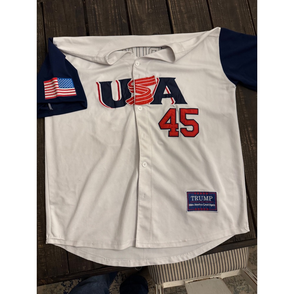 Trump 45 USA Baseball Jersey White Navy Red Mesh Button Up XL MAGA